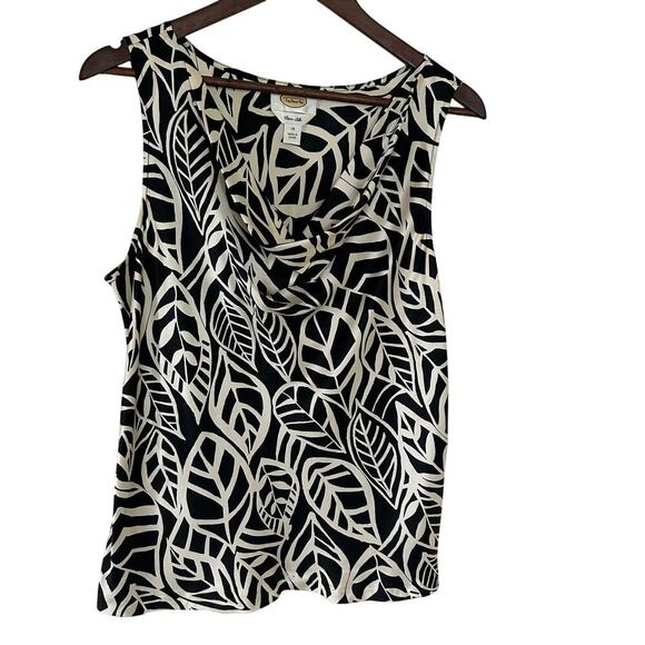 Talbots Pure Silk Sleeveless Blouse Cowl Neck Black & White Leaf Print Size 14 - Picture 1 of 7